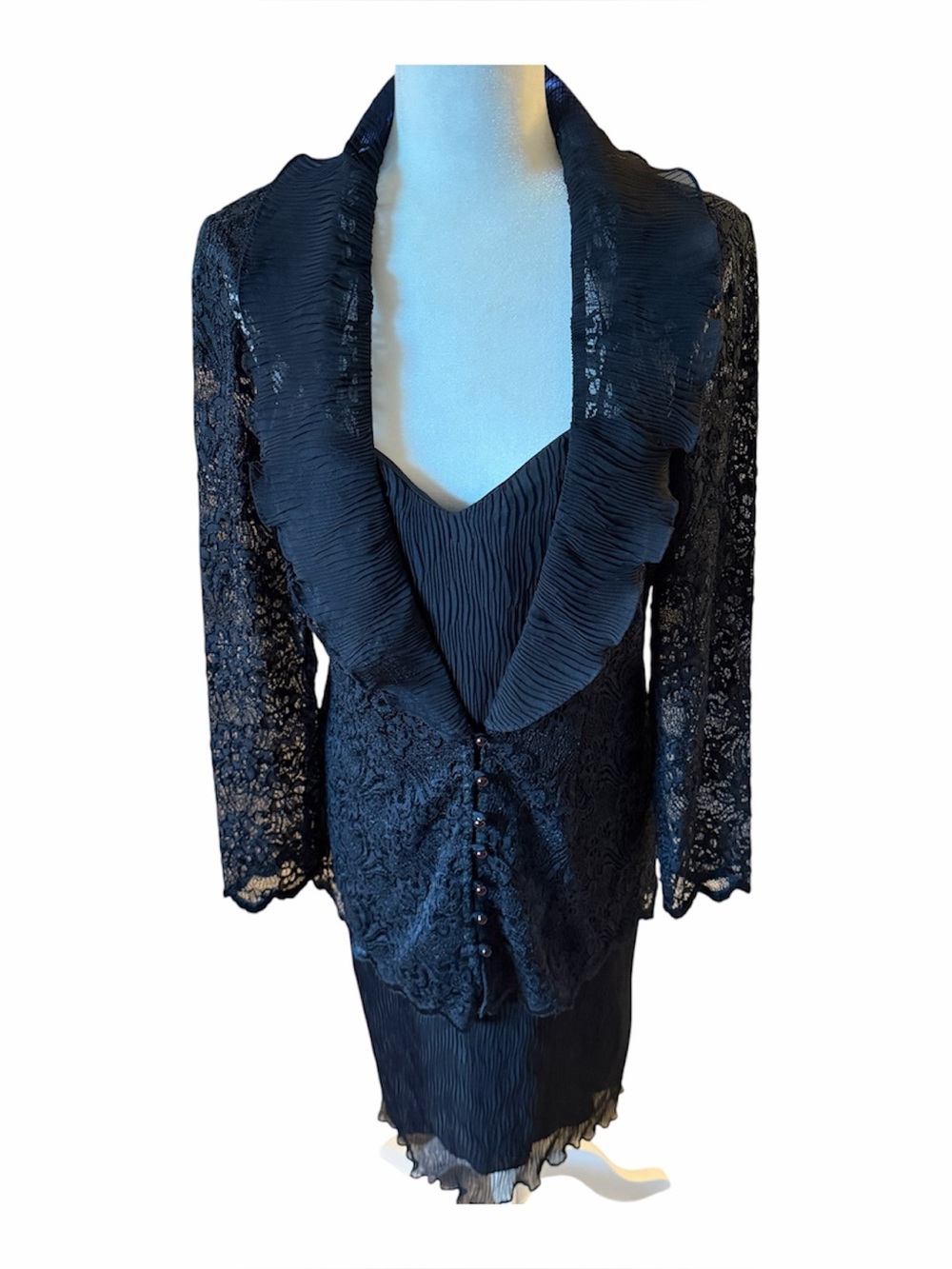 Black Lace Pleated V-Neck formal Dress with Jacket Vintage 80’s